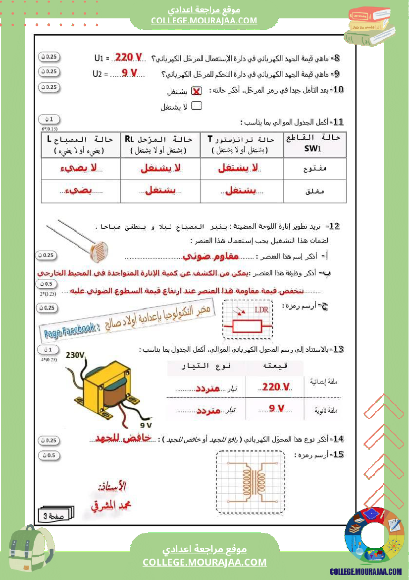 فرض تأليفي الثامنة التربية التكنولوجية الثلاثي الثاني
