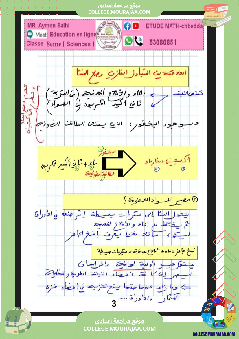 الثامنة نموذجي علوم الحياة و الارض التبادل الغازي عند النبات الاخضر