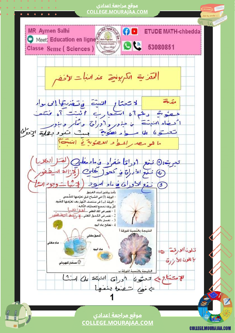 علوم الحياة و الأرض الثامنة أساسي التغذية الكربونية التكاثر الخضري عند النبات الزهري