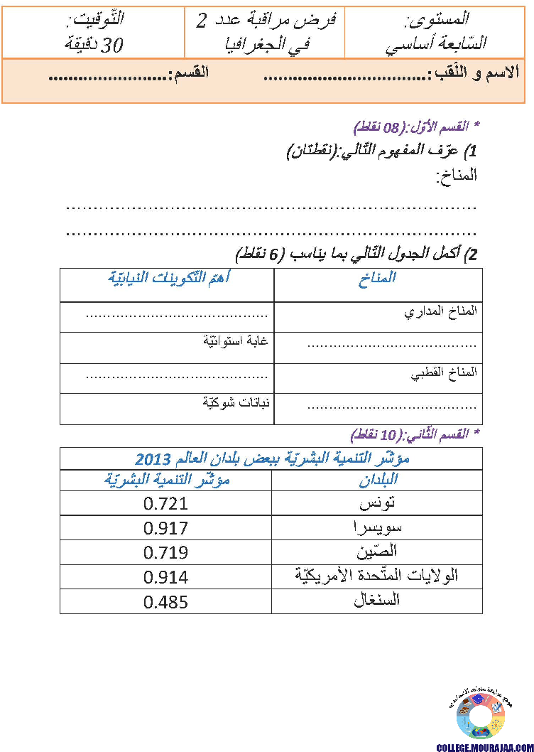 موقع مراجعة اعدادي فرض_مراقبة_الثلاثي_الثاني_في_الجغرافيا_سنة_7_اساسي2