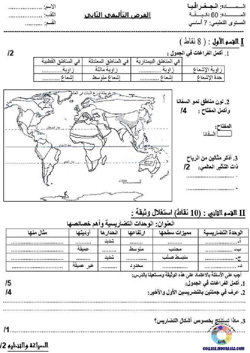 فرض تاليفي في الجغرافيا الثلاثي الثاني سنة السابعة