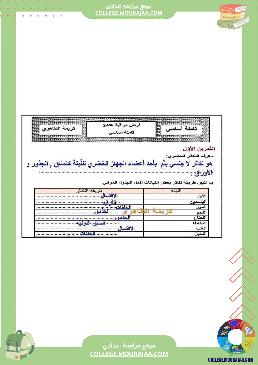 فرض مراقبة عدد 2 علوم الحياة و الارض سنة ثامنة مع الاصلاح