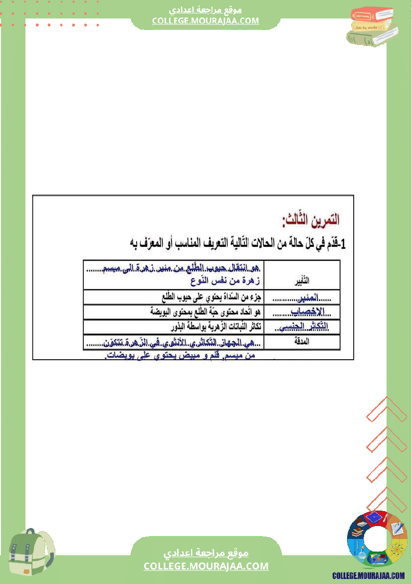 فرض مراقبة عدد 2 علوم الحياة و الارض سنة ثامنة مع الاصلاح