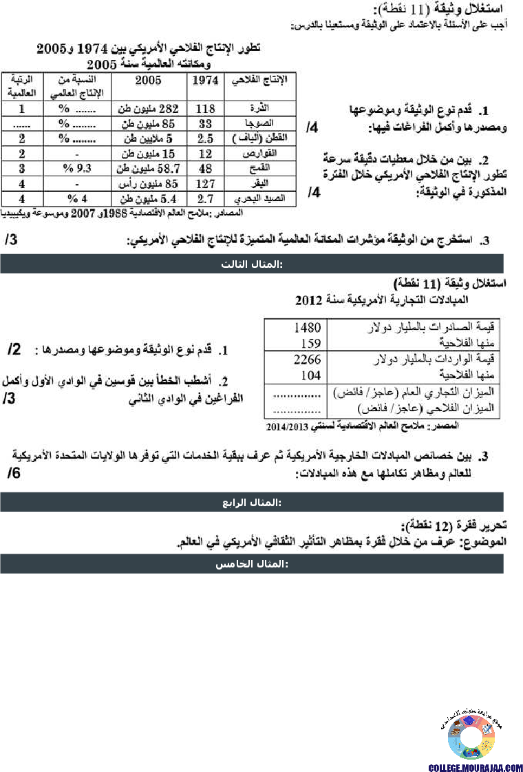 الولايات المتحدة الأمريكية مظاهر القوة الاقتصادية تمارين مع الاصلاح