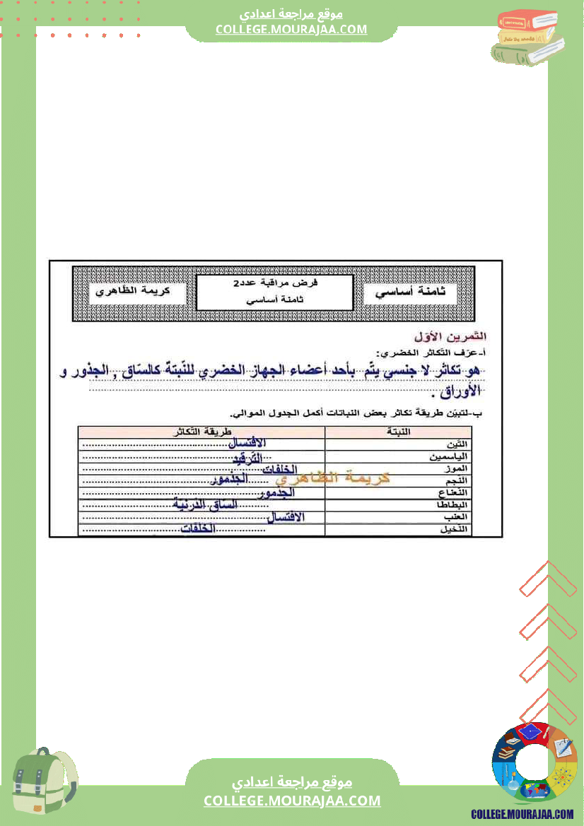 فرض مراقبة عدد 2 علوم سنة ثامنة مع الاصلاح
