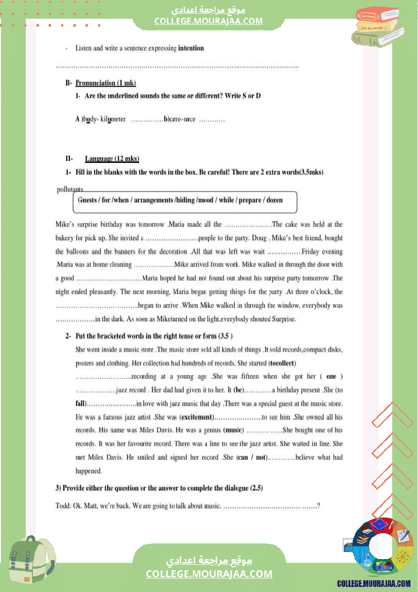 فرض تأليفي عدد 2 في مادة الانجليزية السنة الثامنة أساسي الاصلاح