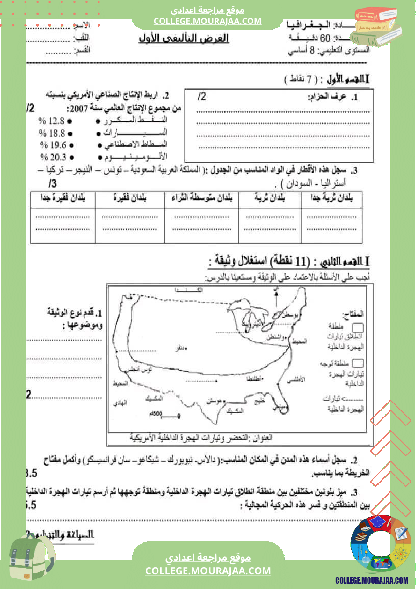 نماذج للفرض التا ليفي عدد1 مع الاصلاح في الجغرافيا للسنة الثامنة