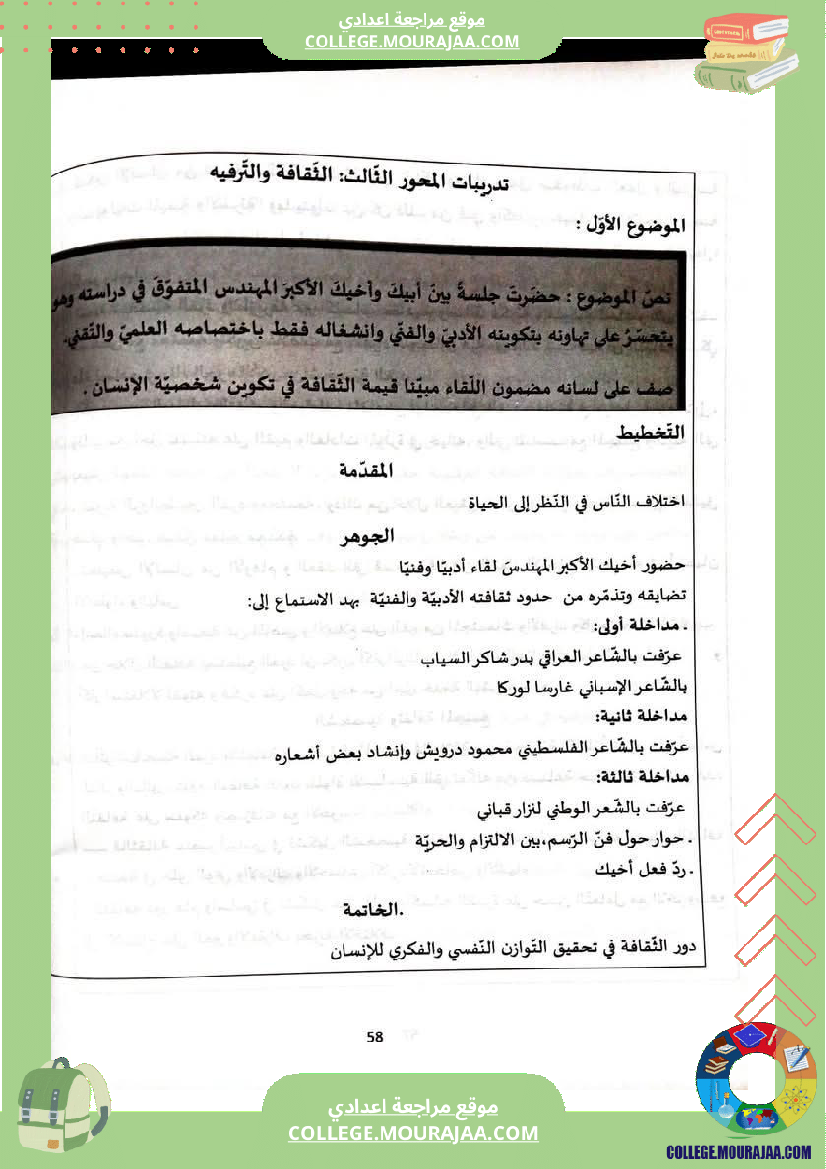 ثامنة أساسي عربية المحور الثالث الثقافة و الترفيه مواضيع انشائية مختلفة
