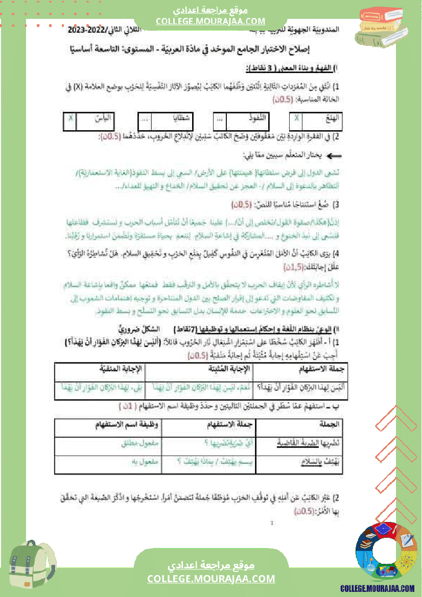 تاسعة أساسي عربية الاختبار الجامع عدد 2 مع الاصلاح الثلاثي الثاني الفرض الإصلاح