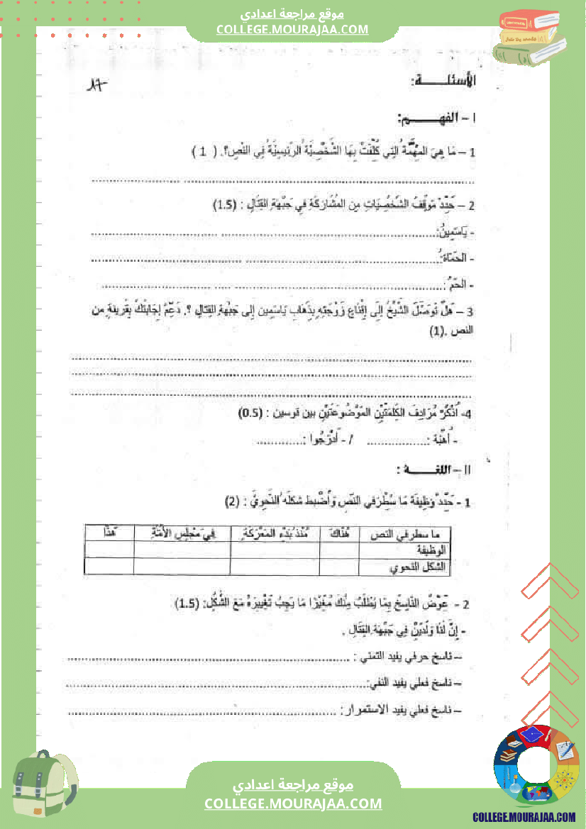 فرض تأليفي عدد 02 في ماد ة دراسة النص لتلاميذ السنة السابعة مرفق بالإصلاح