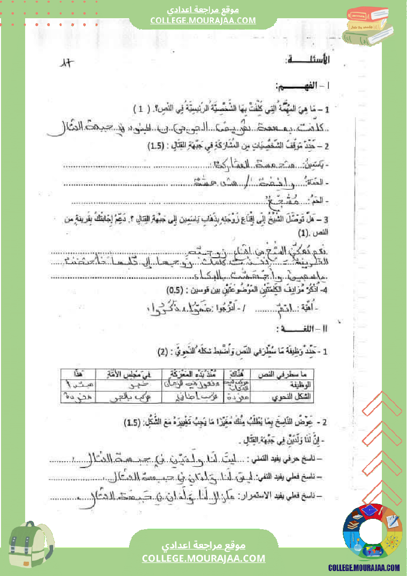 فرض تأليفي عدد 02 في ماد ة دراسة النص لتلاميذ السنة السابعة مرفق بالإصلاح
