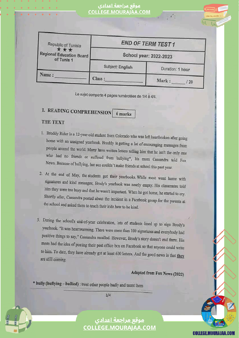 9 eme anglais devoir de synthese 1 corrige