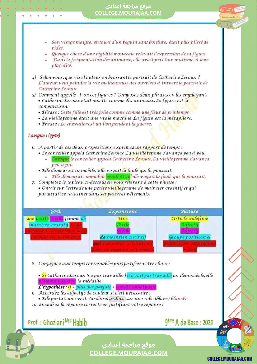 تاسعة أساسي فروض تاليفية عدد 1 مع الاصلاح في كل المواد
