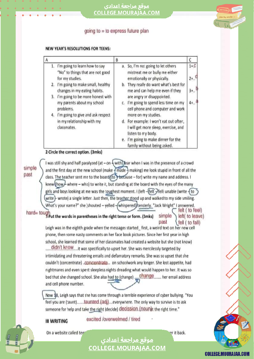 تاسعة أساسي فروض تاليفية عدد 1 مع الاصلاح في كل المواد