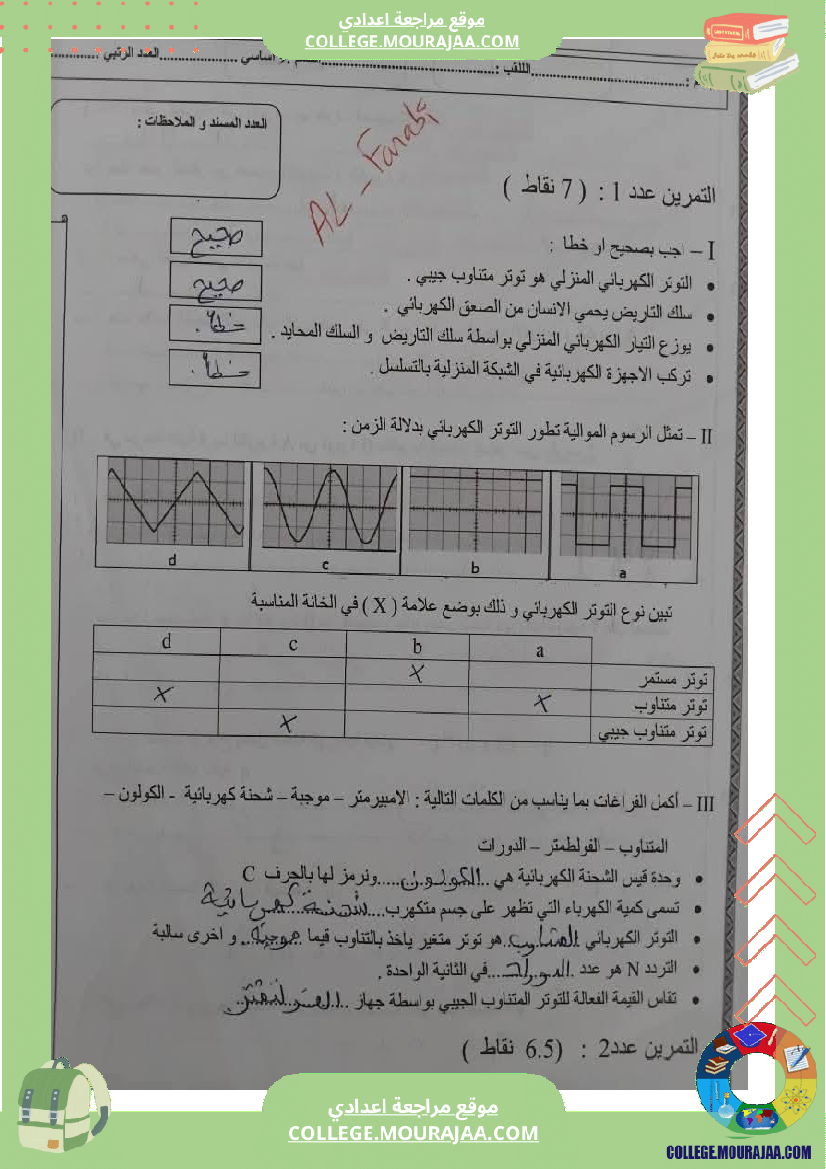 تاسعة أساسي علوم فيزيائية فرض تأليفي عدد 1 بالاصلاح