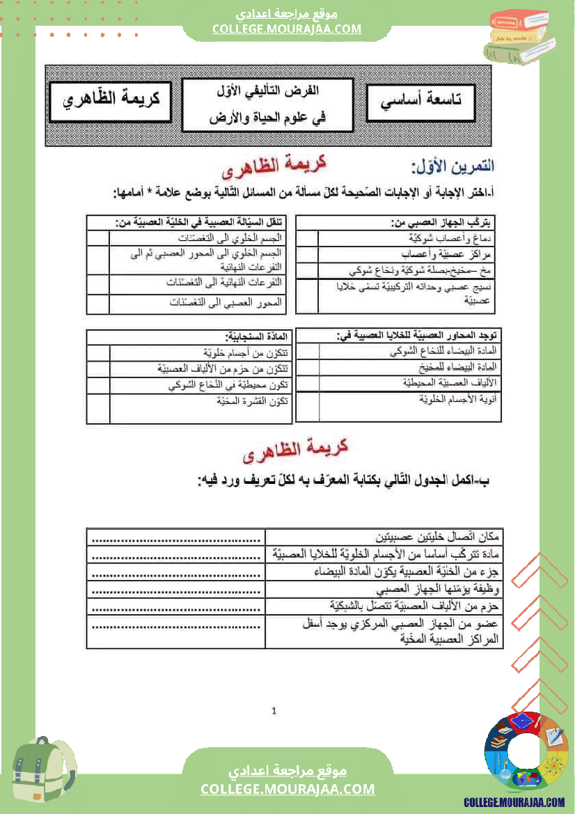 تاسعة أساسي فروض تاليفية عدد 1 علوم طبيعية
