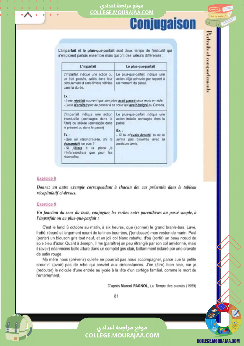 9 eme francais conjugaison l imparfait et le plus que parfait