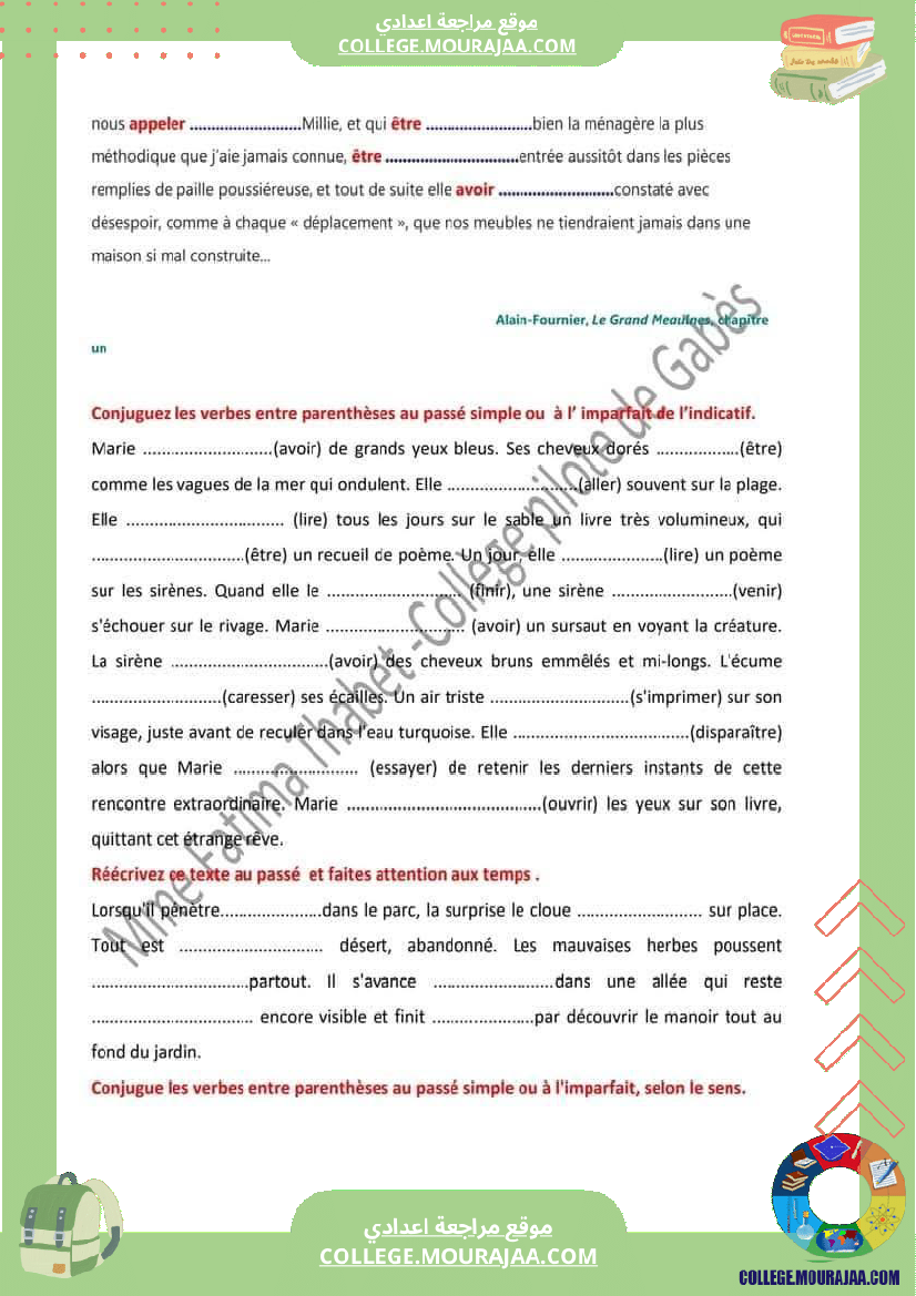 serie d exercices pour les 9 eme annee le passe simple et l imparfait