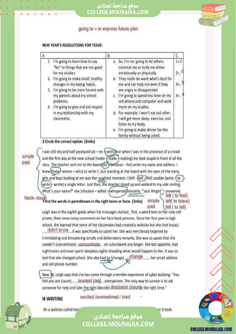 سابعة أساسي انقليزية فرض تأليفي عدد 1 بالاصلاح