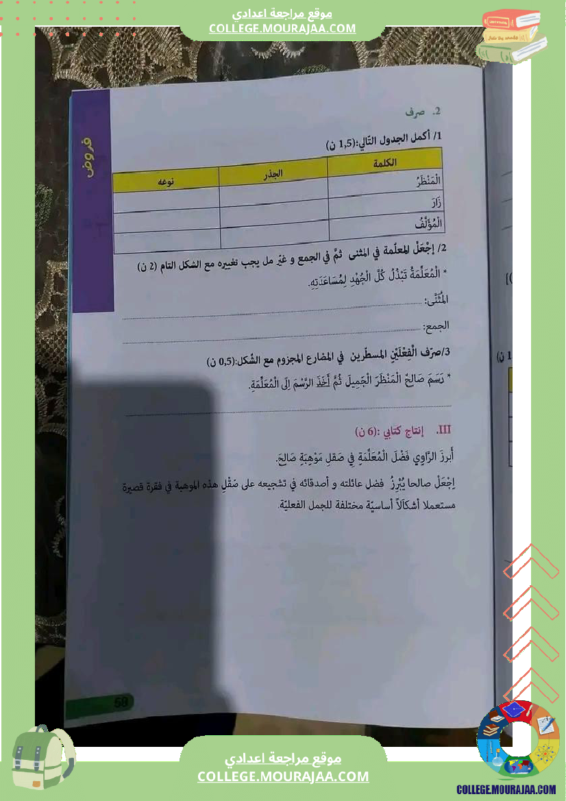 سابعة أساسي فروض تاليفية عدد 1 مع الاصلاح في كل المواد