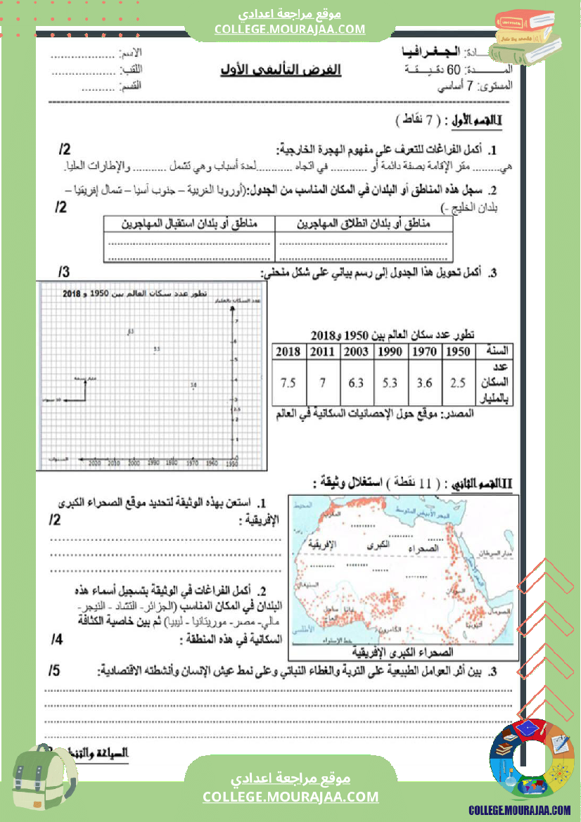 سابعة أساسي جغرافيا الثلاثي الأول فروض تأليفي عدد 1 بالاصلاح