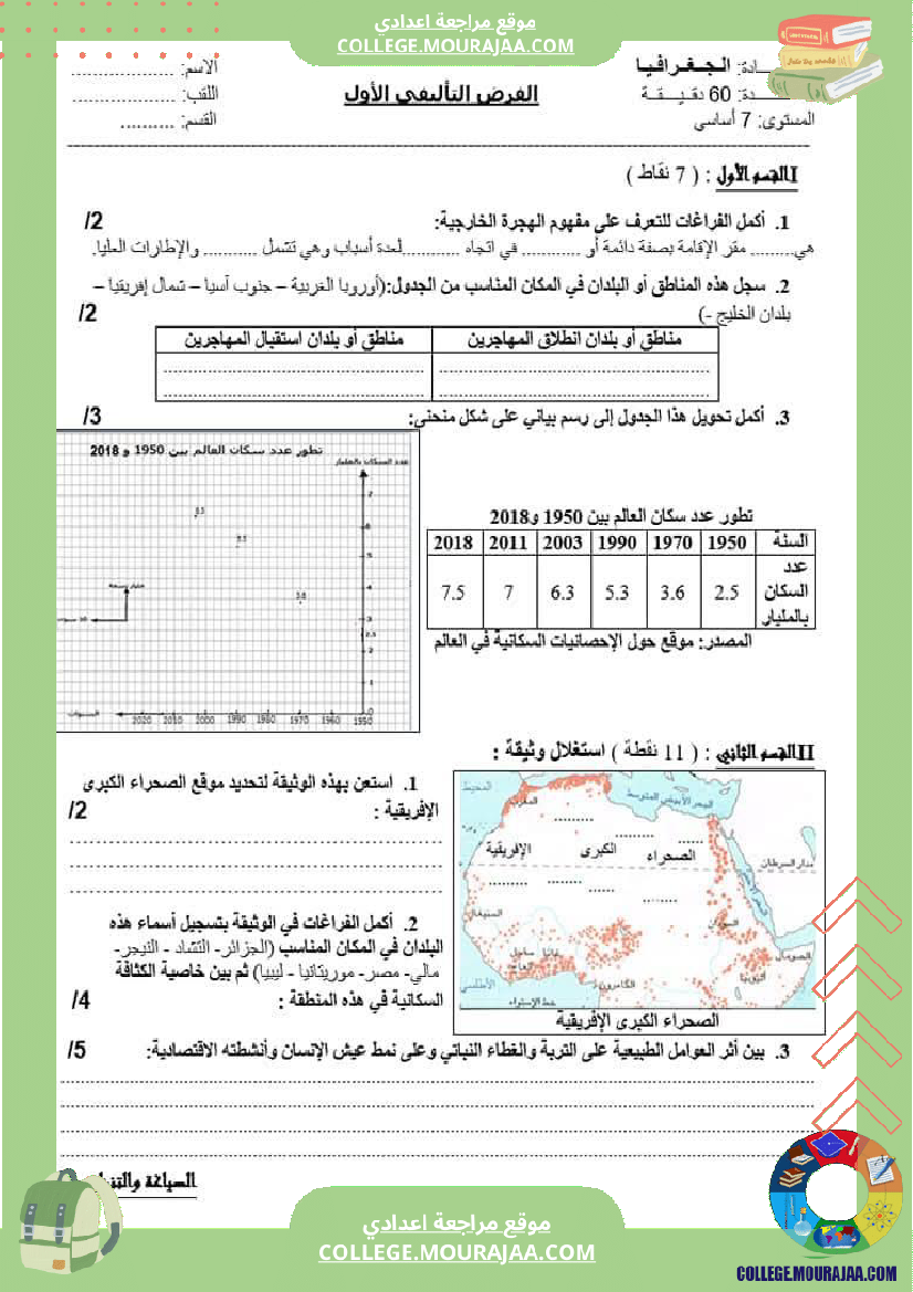 سابعة جغرافيا فرض تاليفي عدد 1 مع الاصلاح