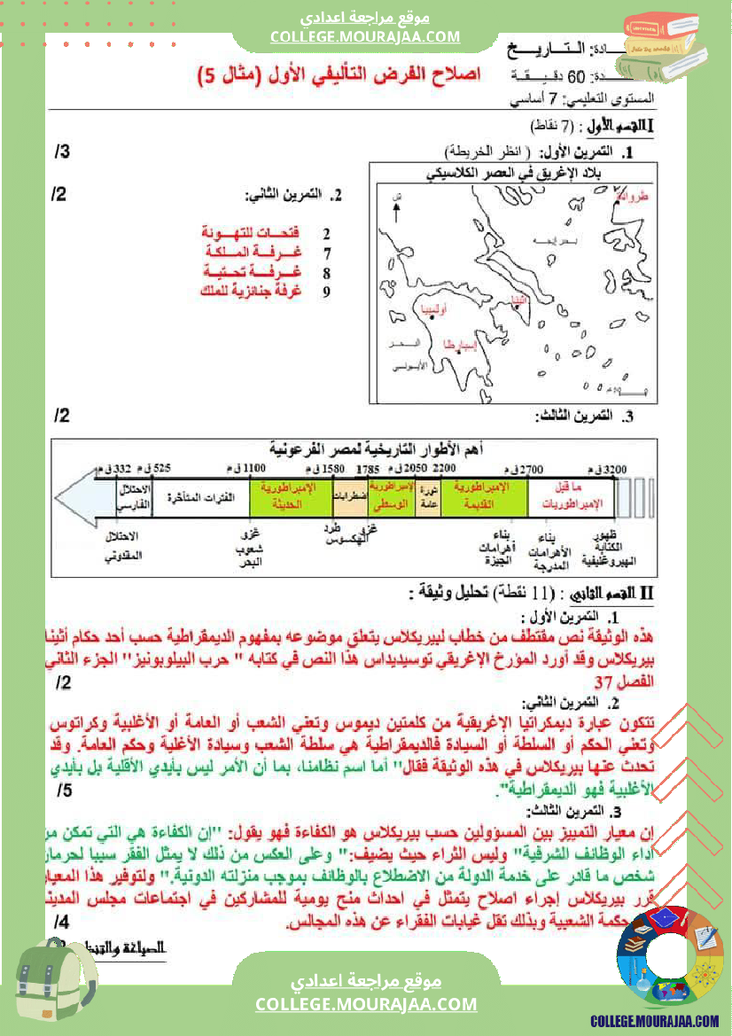 سابعة أساسي تاريخ فرض تاليفي عدد 1 مع الاصلاح