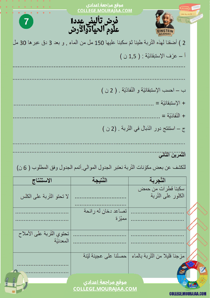 فرض تأليفي عدد 1 علوم الحياة والأرض السنة السابعة أساسي