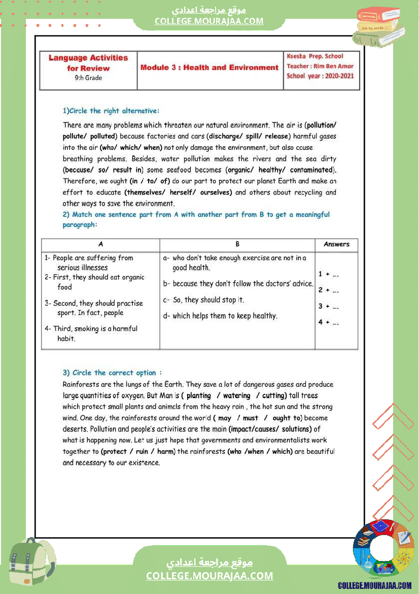 devoir de synthese n 2 anglais 9eme annee de base