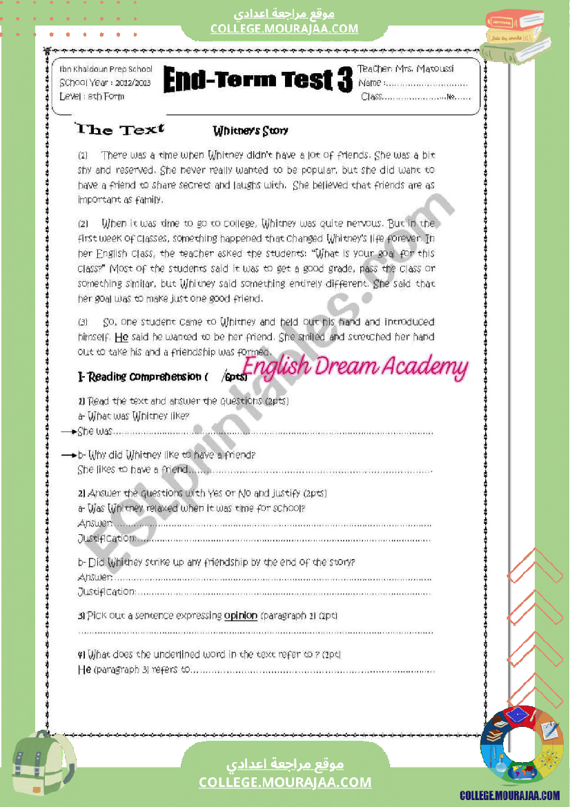 تمارين مراجعة فرض تأليفي عدد 03 في ماد ة الأنڨليزية لتلاميذ الثامنة الثلاثي الثالث