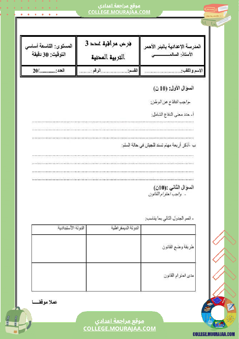 فرض مراقبة التاسعة التربية المدنية الثلاثي الثالث