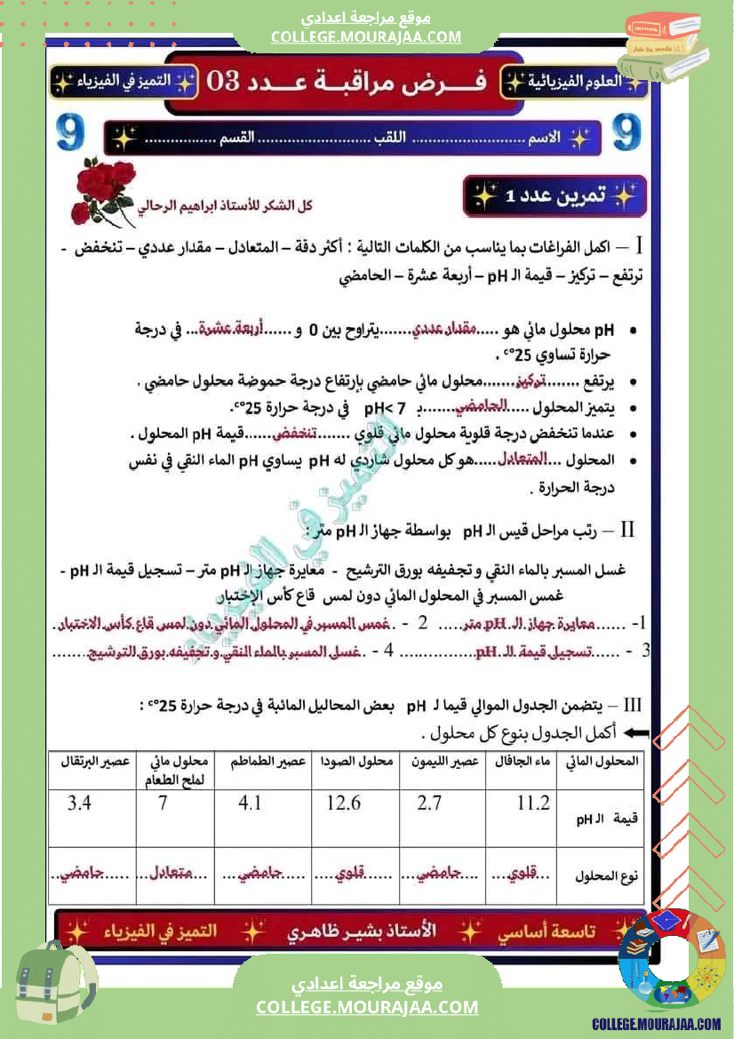 فرض مراقبة التاسعة العلوم الفيزيائية الثلاثي الثالث