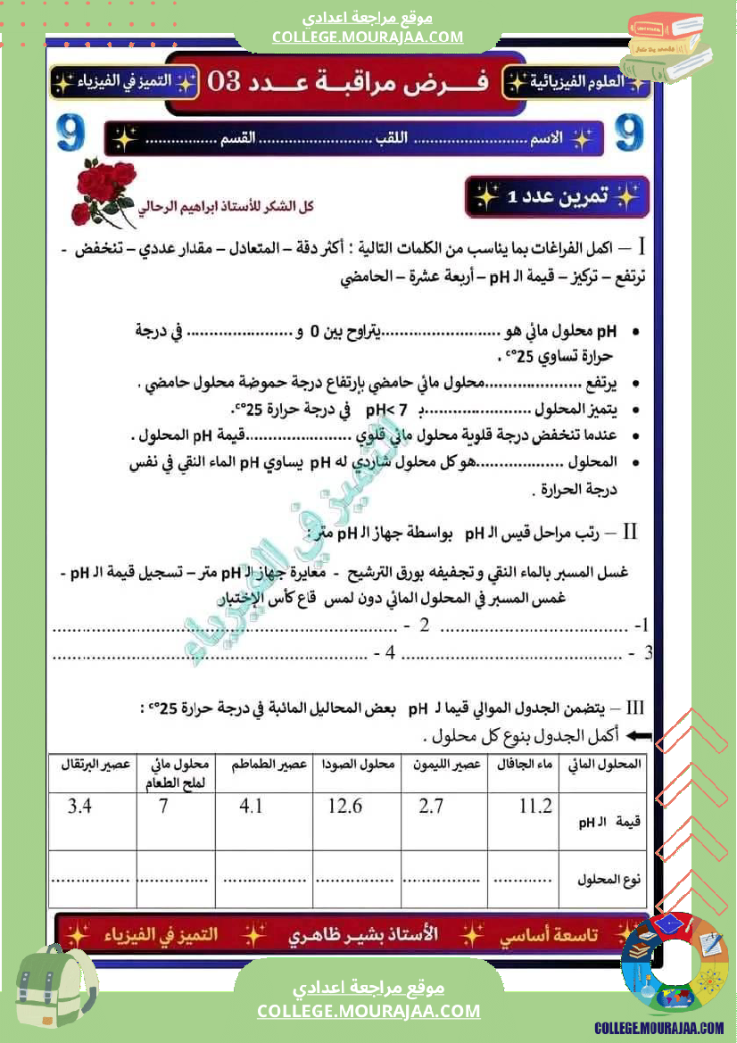 فرض مراقبة التاسعة العلوم الفيزيائية الثلاثي الثالث