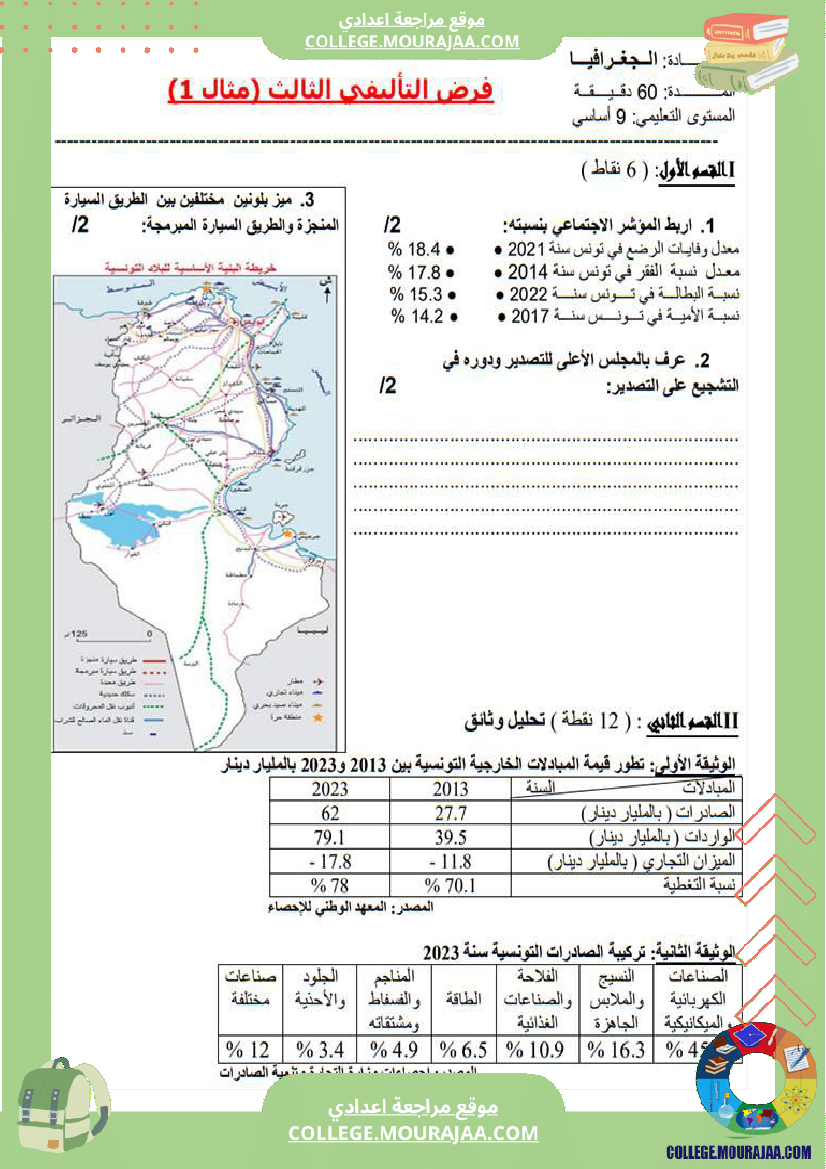فرض تأليفي التاسعة في الجغرافيا الثلاثي الثالث