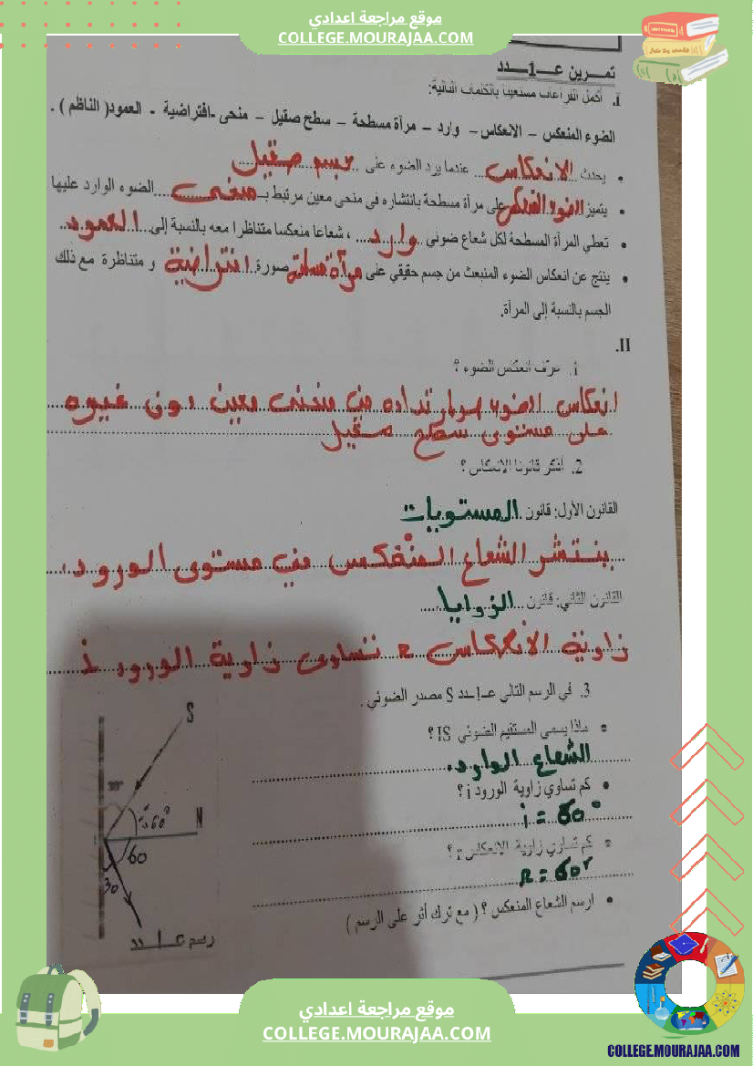 تمارين فيزياء سنة تاسعة انكسار و انعكاس الضوء مع الإصلاح