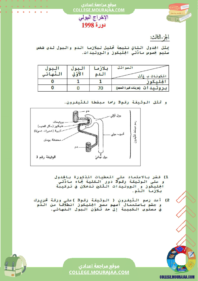 الإخراج البولي في تمارين من امتحانات شهادة ختم التعليم الأساسي العام مرفقة بالإصلاح