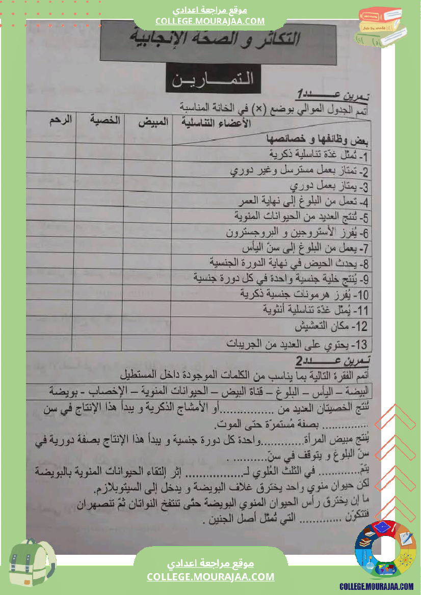 سنة تاسعة اساسي علوم الحياة والارض التكاثر والصحة الانجابية تمارين مع الاصلاح على هذه الاعم