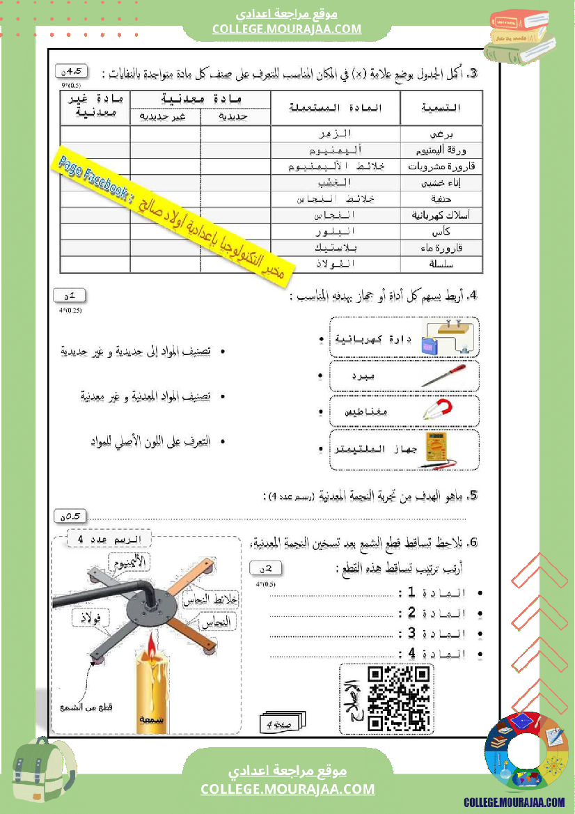 فرض مراقبة في العلوم الفيزيائية سنة السابعة ثلاثي ثالث