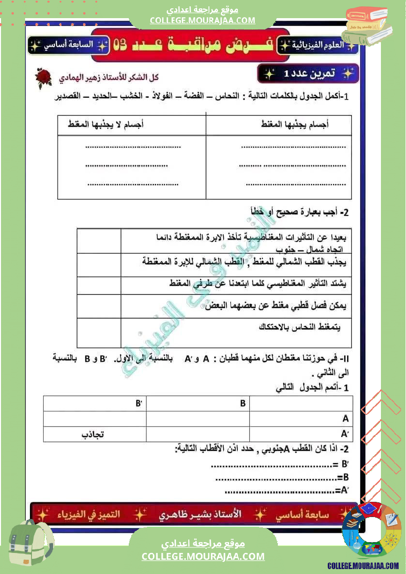 فرض مراقبة مستوى السابعة العلوم الفيزيائية الثلاثي الثالث