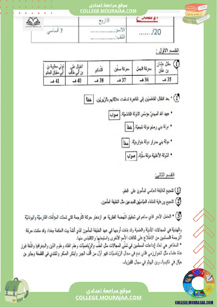 فرض تأليفي سنة السابعة التاريخ الثلاثي الثالث