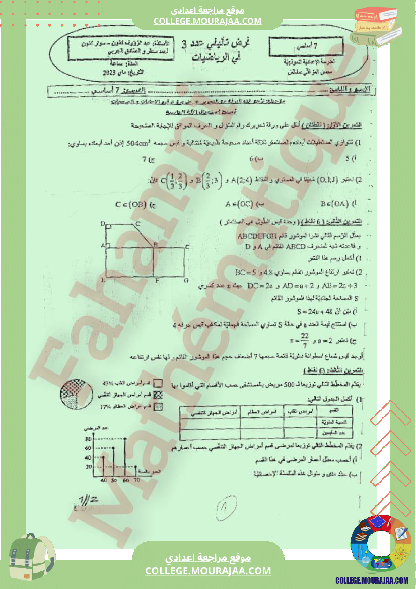 فرض تأليفي خاص بالسنة السابعة الرياضيات الثلاثي الثالث