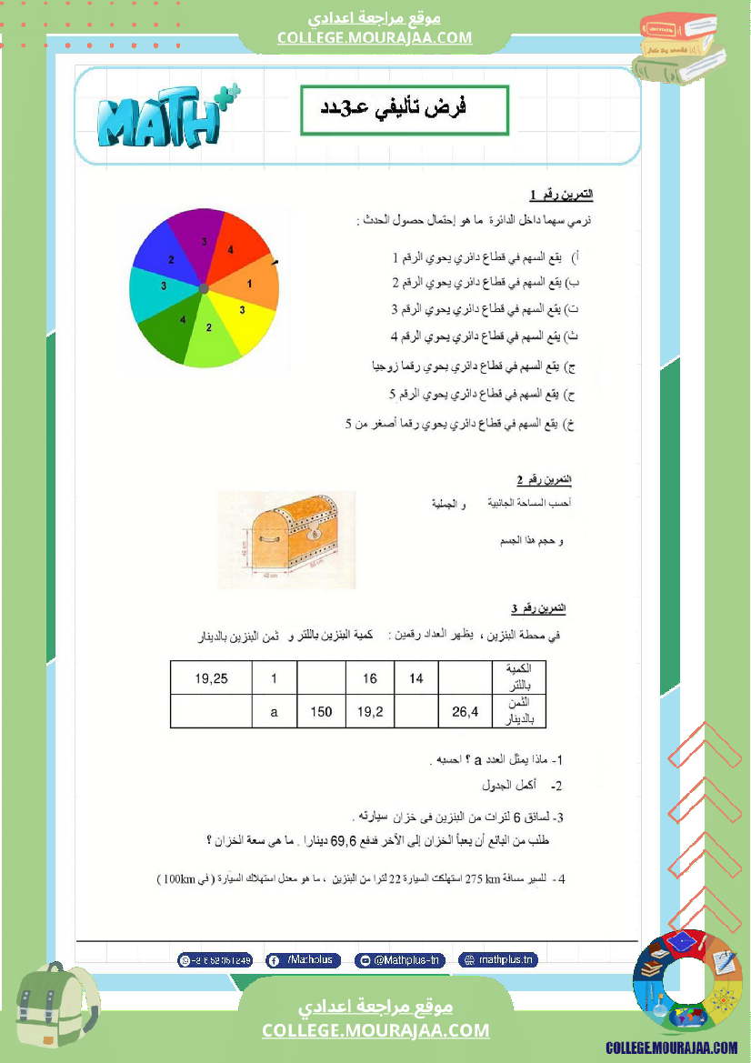 فرض تأليفي سنة السابعة الرياضيات الثلاثي الثالث