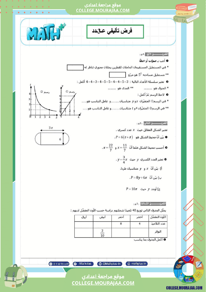فرض تأليفي في الرياضيات سنة السابعة ثلاثي ثالث