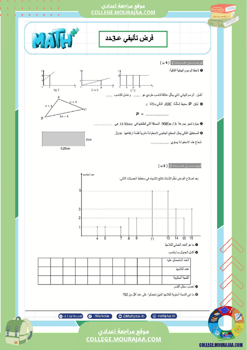 فرض تأليفي في الرياضيات سنة السابعة ثلاثي ثالث