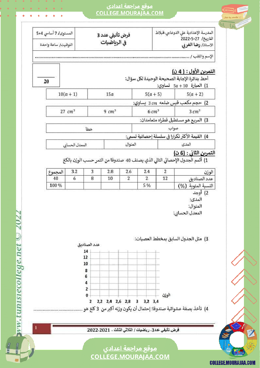 فرض تأليفي مستوى السابعة الرياضيات الثلاثي الثالث