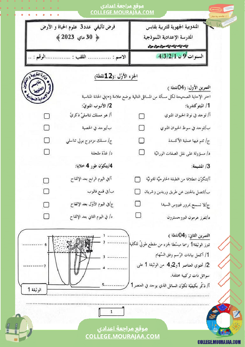 فرض تأليفي علوم الحياة و الارض سنة السابعة الثلاثي الثالث