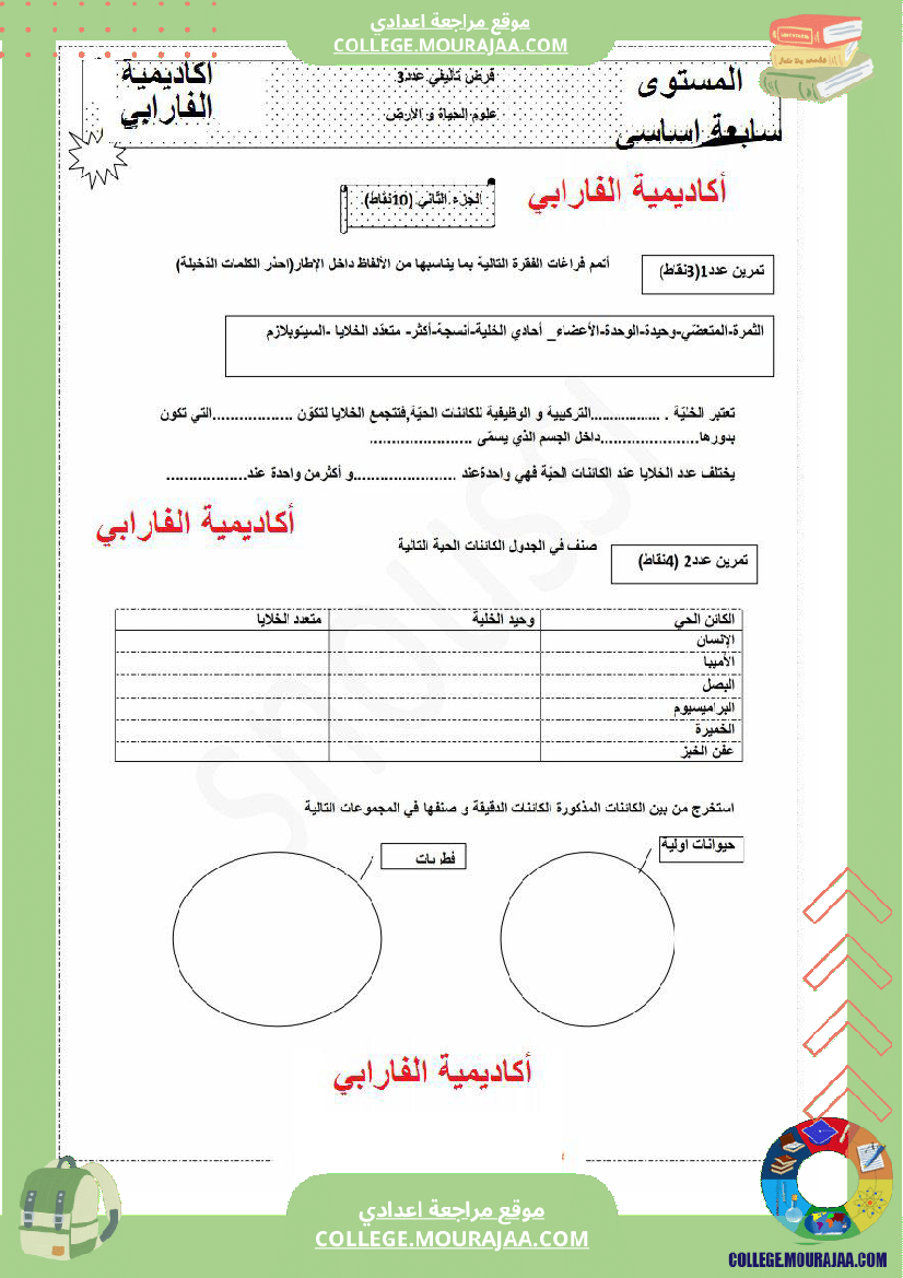 فرض تأليفي علوم الحياة و الارض مستوى السابعة ثلاثي ثالث