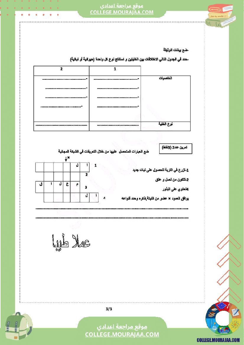 فرض تأليفي في علوم الحياة و الارض سنة السابعة ثلاثي ثالث