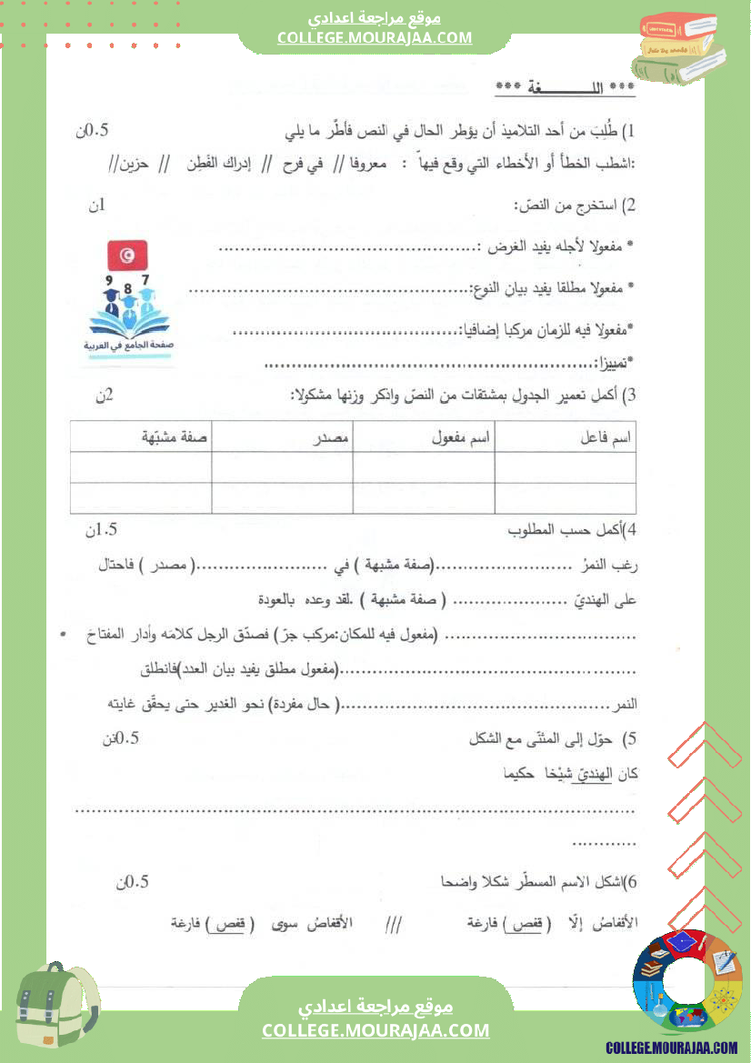 السابعة أساسيا تدريب على الفرض التأليفي الجامع الثالث م رفق بالإصلاح