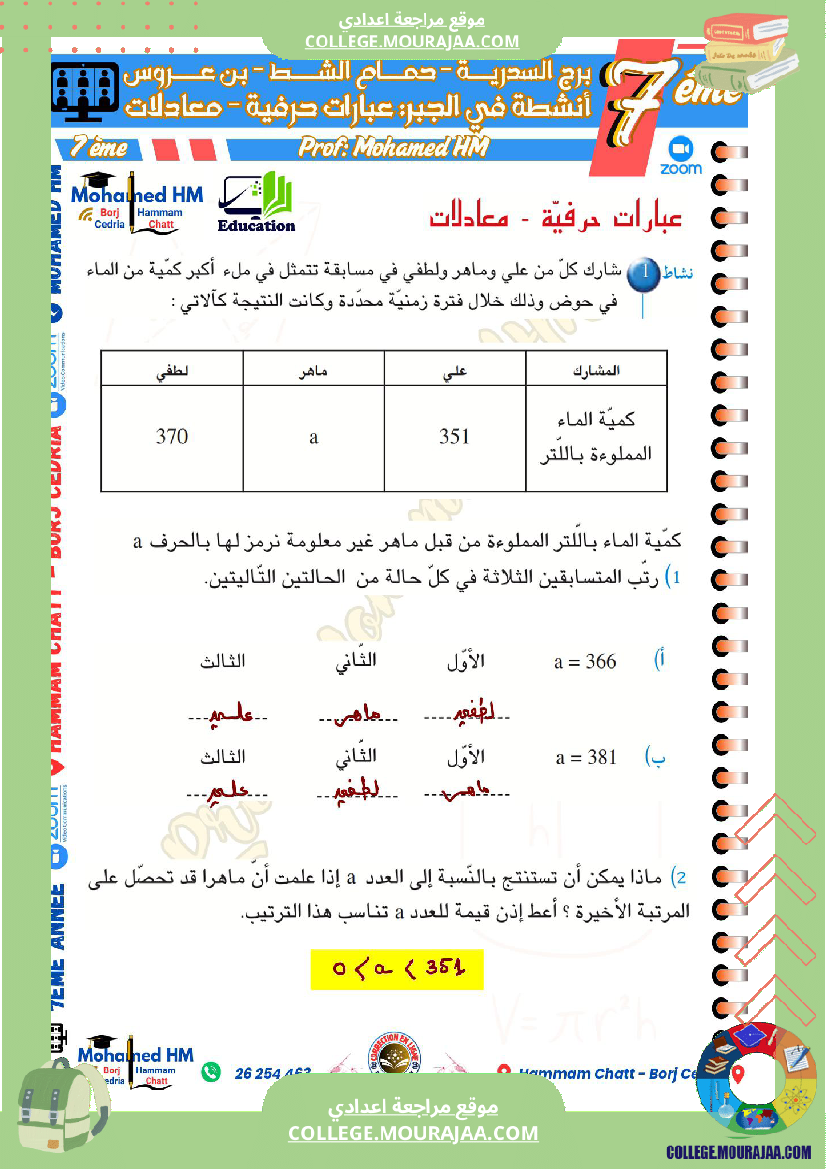 السنة السابعة أنشطة في الجبر العبارات الحرفية المعادلات followers super fans